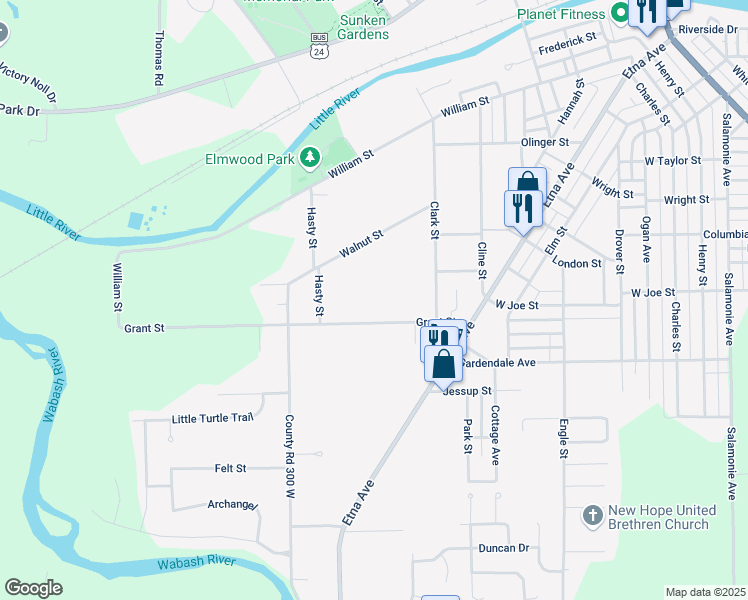 map of restaurants, bars, coffee shops, grocery stores, and more near 1579 Grant Street in Huntington