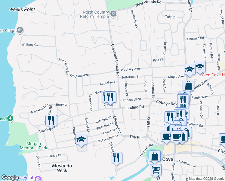 map of restaurants, bars, coffee shops, grocery stores, and more near 28 Miller Street in Glen Cove