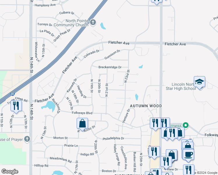 map of restaurants, bars, coffee shops, grocery stores, and more near 2100 Atwood Lane in Lincoln