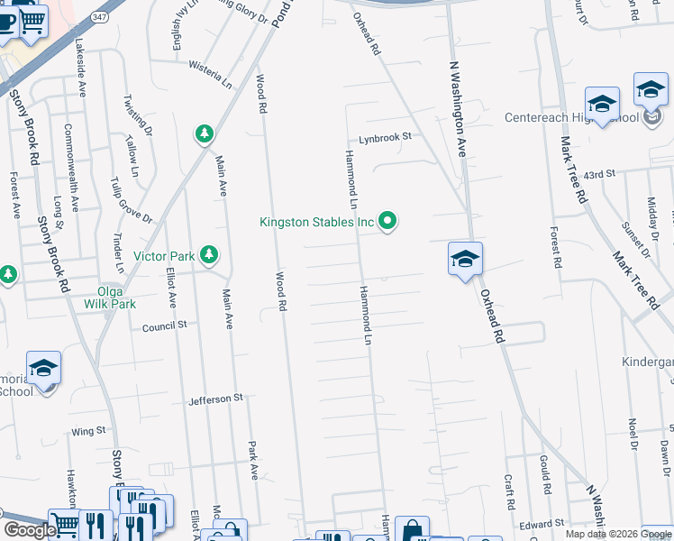 map of restaurants, bars, coffee shops, grocery stores, and more near 14 Maple Street in Centereach