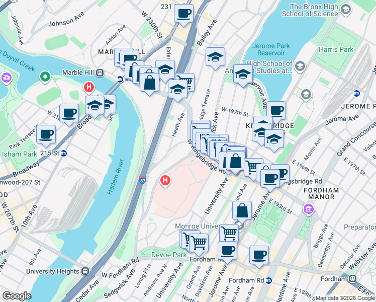 map of restaurants, bars, coffee shops, grocery stores, and more near 2625 Sedgwick Avenue in The Bronx