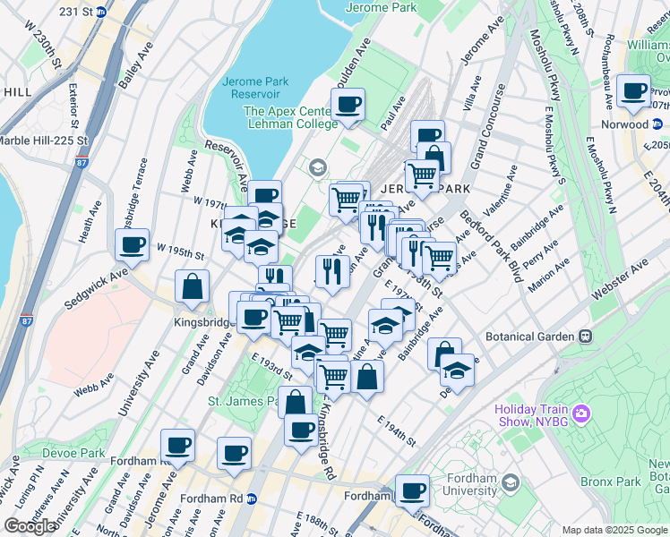 map of restaurants, bars, coffee shops, grocery stores, and more near 2781 Grand Concourse in Bronx