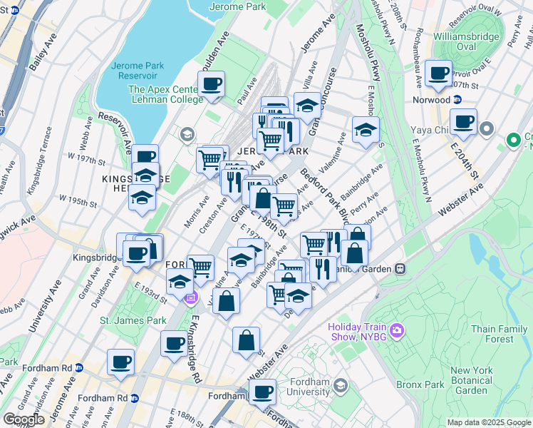 map of restaurants, bars, coffee shops, grocery stores, and more near 2834 Valentine Avenue in Bronx