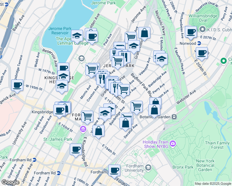 map of restaurants, bars, coffee shops, grocery stores, and more near 2870 Grand Concourse in Bronx