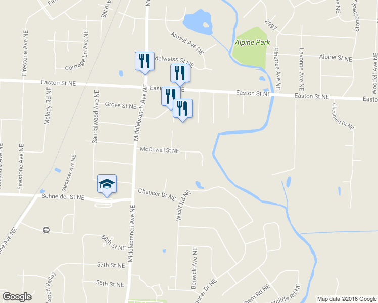 map of restaurants, bars, coffee shops, grocery stores, and more near 2735 Mcdowell Street Northeast in Canton