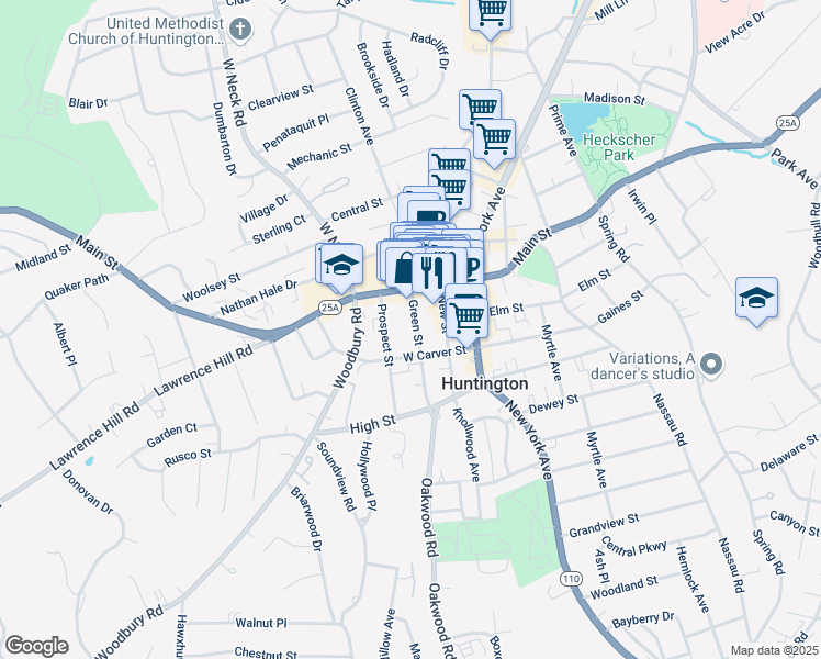 map of restaurants, bars, coffee shops, grocery stores, and more near 304 Main Street in Huntington