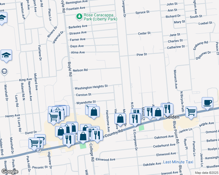 map of restaurants, bars, coffee shops, grocery stores, and more near 38 Washington Heights Street in Selden