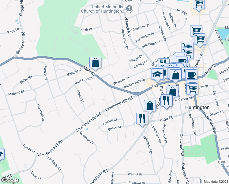 map of restaurants, bars, coffee shops, grocery stores, and more near 443 Main Street in Huntington