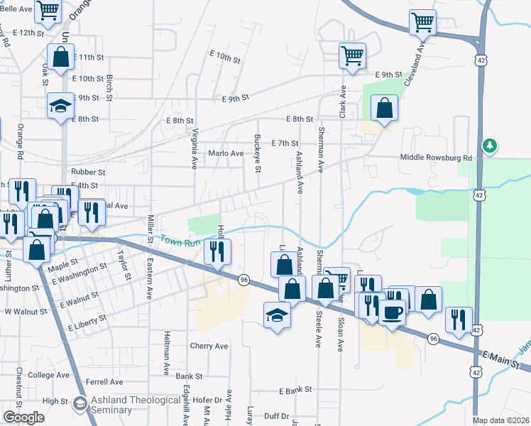 map of restaurants, bars, coffee shops, grocery stores, and more near 265 Ronald Avenue in Ashland