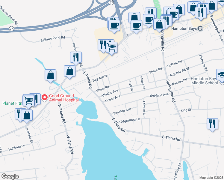 map of restaurants, bars, coffee shops, grocery stores, and more near 60 Shore Road in Hampton Bays