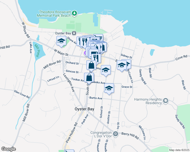 map of restaurants, bars, coffee shops, grocery stores, and more near 1720 Summit Street in Oyster Bay
