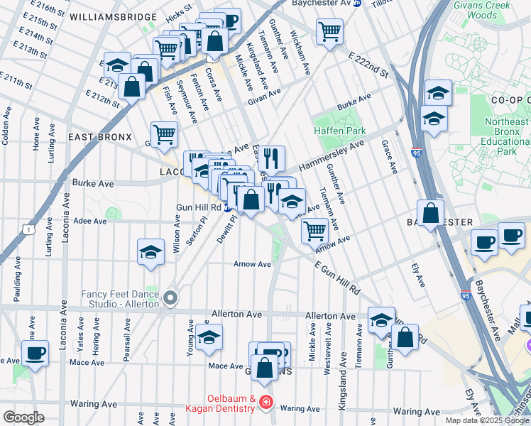 map of restaurants, bars, coffee shops, grocery stores, and more near 3047 Eastchester Road in Bronx
