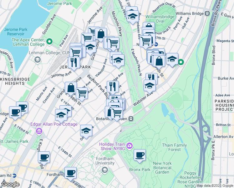 map of restaurants, bars, coffee shops, grocery stores, and more near 2979 Perry Avenue in The Bronx