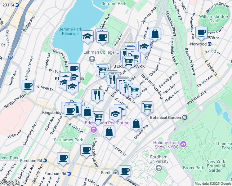 map of restaurants, bars, coffee shops, grocery stores, and more near in The Bronx