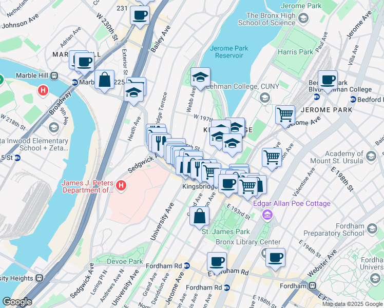 map of restaurants, bars, coffee shops, grocery stores, and more near 2760 Claflin Avenue in Bronx