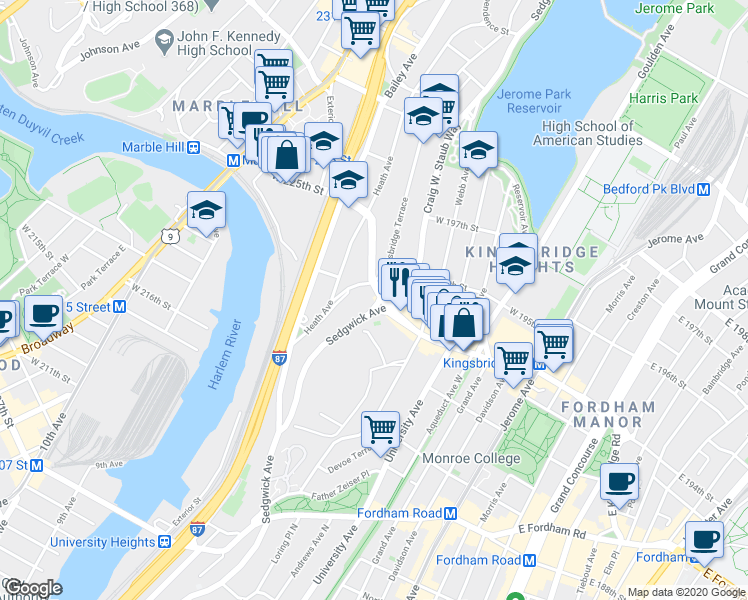 map of restaurants, bars, coffee shops, grocery stores, and more near 2667 Kingsbridge Terrace in Bronx