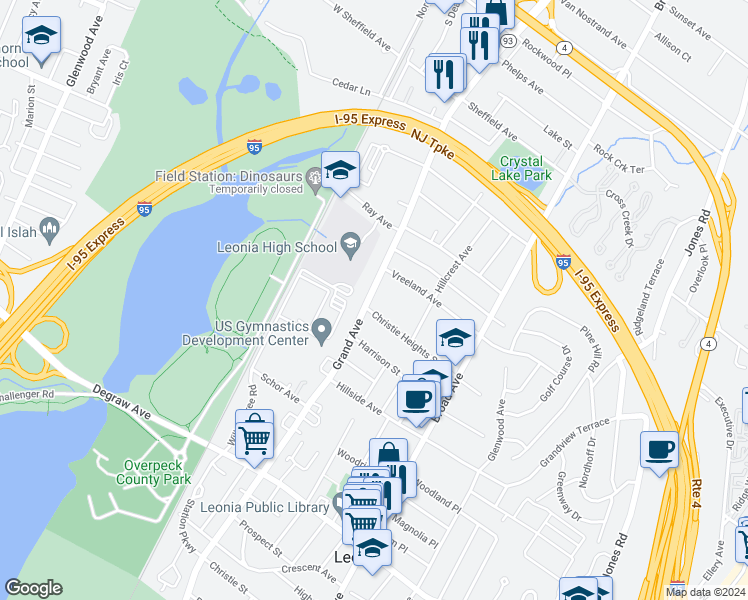 map of restaurants, bars, coffee shops, grocery stores, and more near 548 Grand Avenue in Leonia