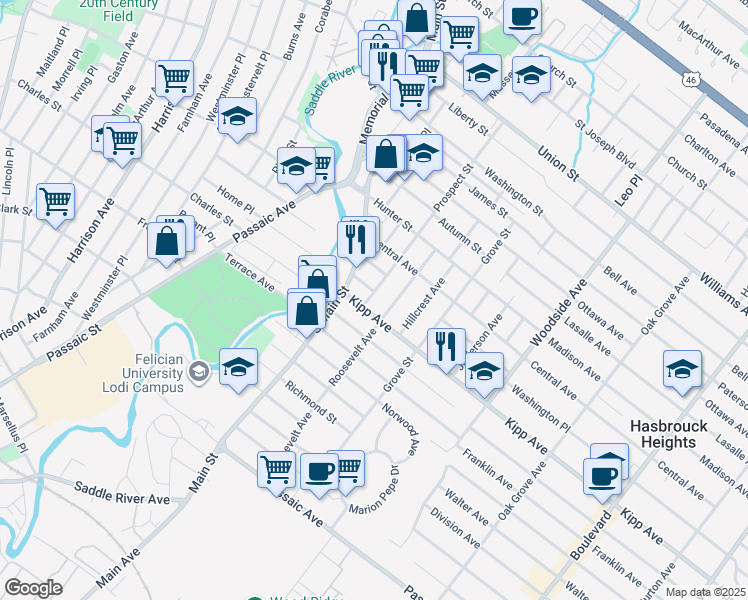 map of restaurants, bars, coffee shops, grocery stores, and more near 18 Adams Place in Lodi