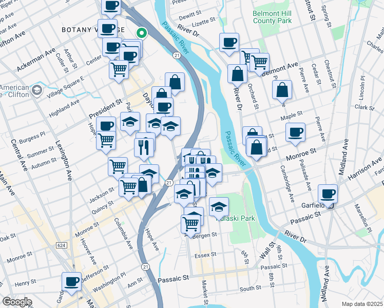 map of restaurants, bars, coffee shops, grocery stores, and more near 246 Virginia Street in Passaic