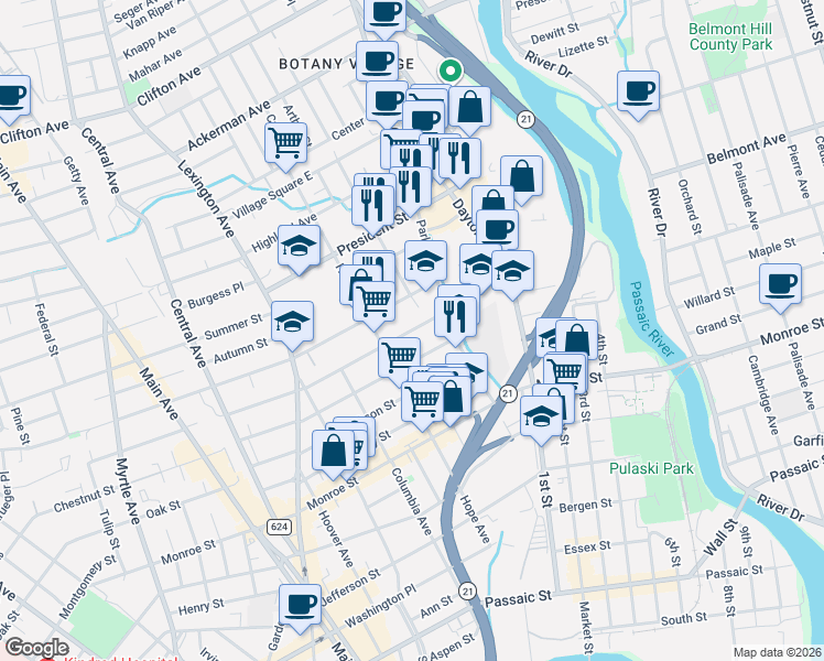 map of restaurants, bars, coffee shops, grocery stores, and more near 16 Sherman Street in Passaic