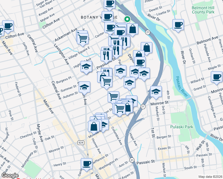 map of restaurants, bars, coffee shops, grocery stores, and more near 186 Harrison Street in Passaic