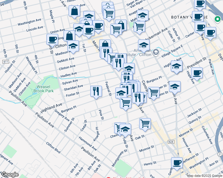 map of restaurants, bars, coffee shops, grocery stores, and more near 360 Highland Avenue in Passaic