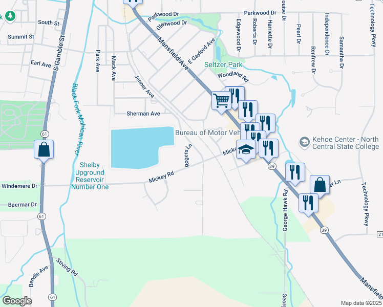 map of restaurants, bars, coffee shops, grocery stores, and more near 114 Martin Drive North in Shelby