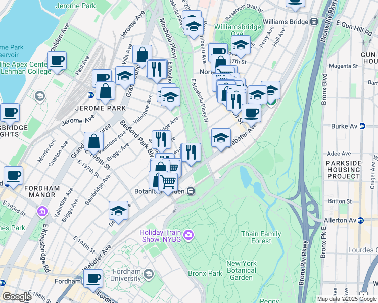 map of restaurants, bars, coffee shops, grocery stores, and more near Mosholu Parkway South in Bronx