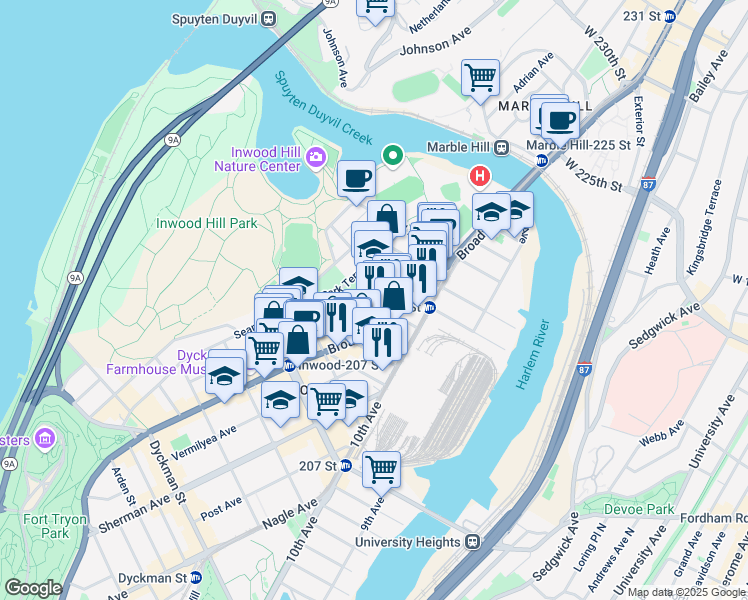 map of restaurants, bars, coffee shops, grocery stores, and more near 20 Park Terrace East in New York