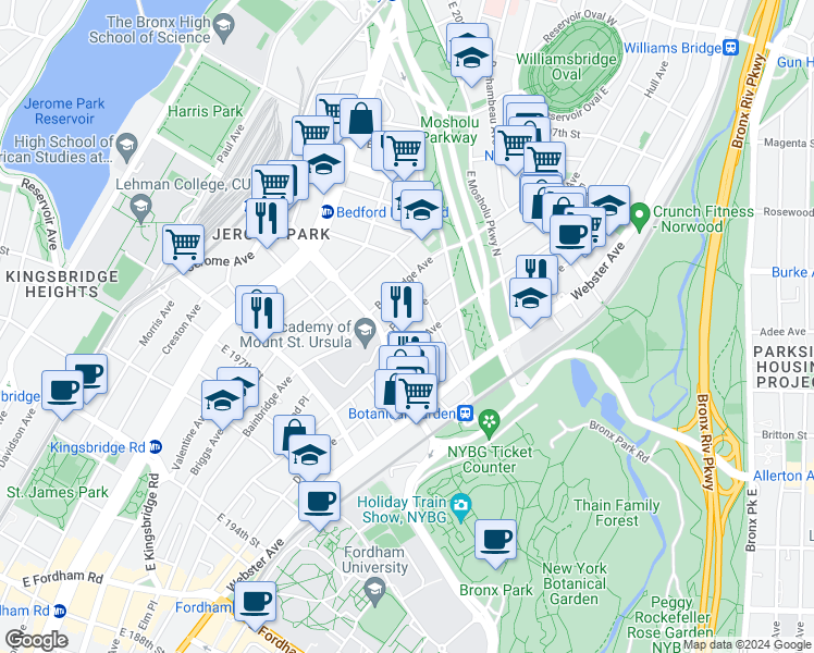 map of restaurants, bars, coffee shops, grocery stores, and more near 2968 Perry Avenue in Bronx