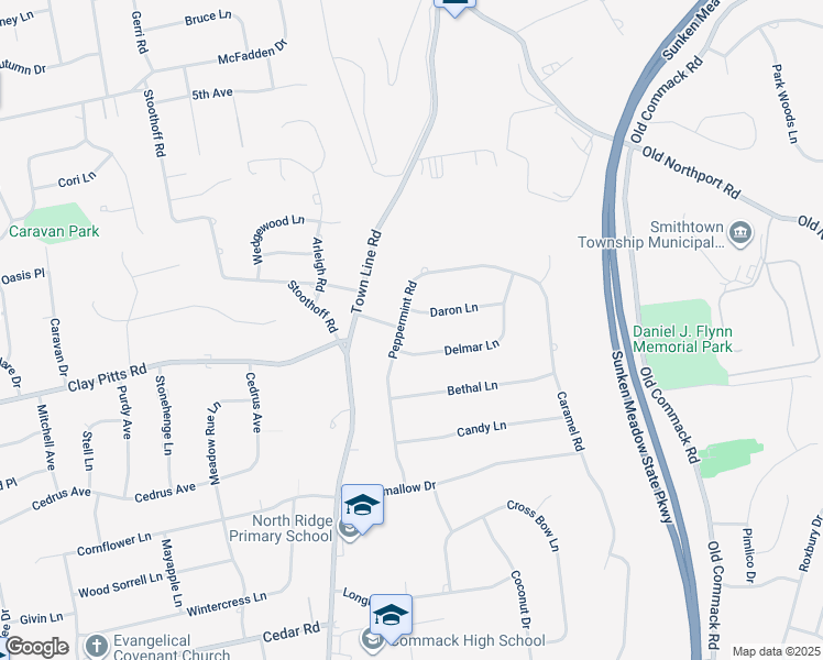 map of restaurants, bars, coffee shops, grocery stores, and more near 5 Daron Lane in Commack