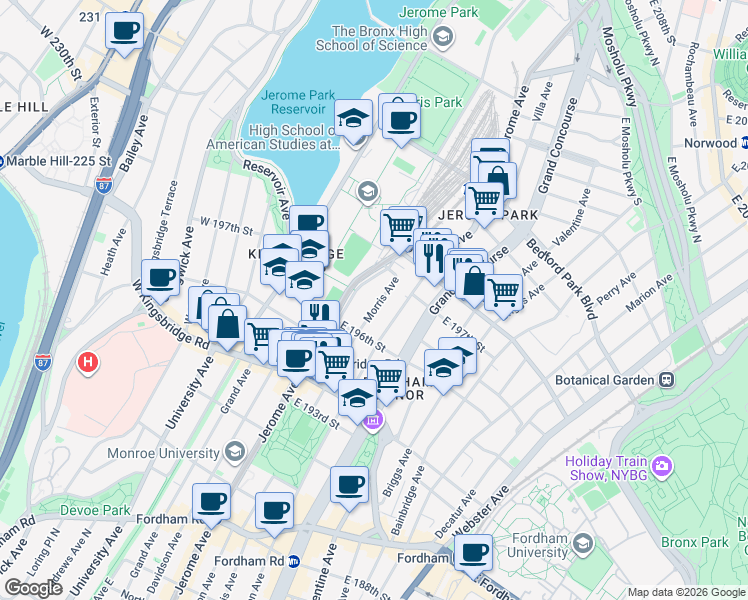 map of restaurants, bars, coffee shops, grocery stores, and more near 2808 Jerome Avenue in The Bronx
