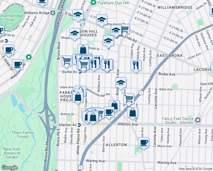 map of restaurants, bars, coffee shops, grocery stores, and more near 3018 Barnes Avenue in Bronx