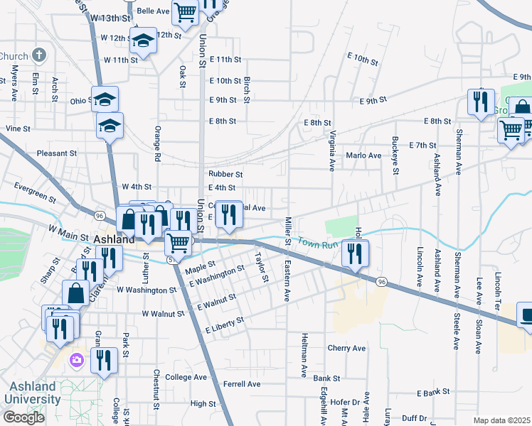 map of restaurants, bars, coffee shops, grocery stores, and more near 332 Jennings Avenue in Ashland