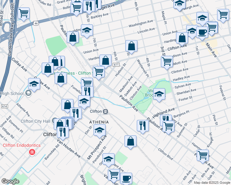 map of restaurants, bars, coffee shops, grocery stores, and more near Paulison Avenue in Clifton
