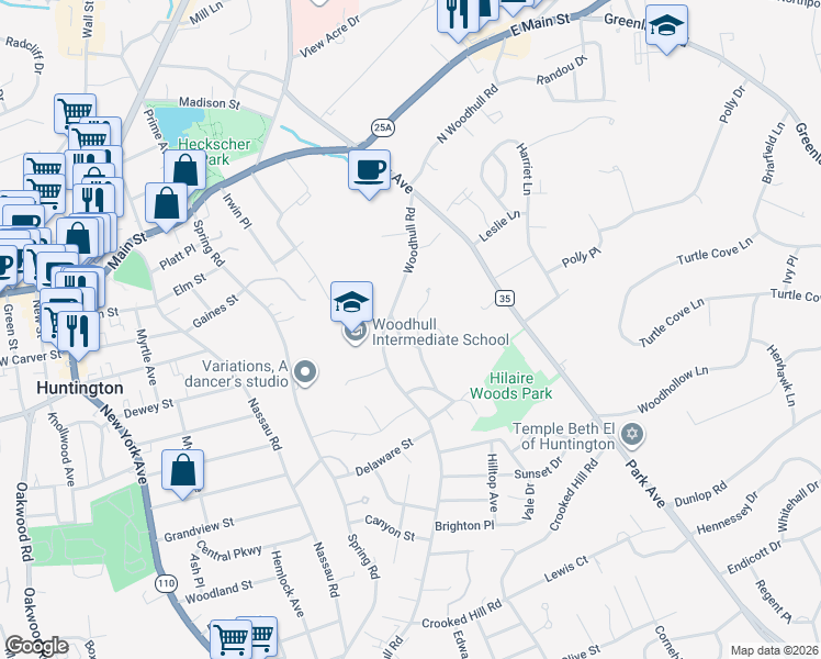 map of restaurants, bars, coffee shops, grocery stores, and more near 14 Bellaire Drive in Huntington