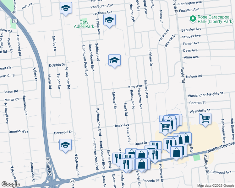 map of restaurants, bars, coffee shops, grocery stores, and more near 27 King Avenue in Selden