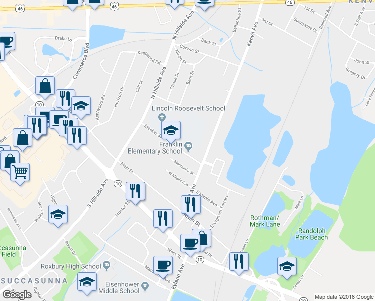map of restaurants, bars, coffee shops, grocery stores, and more near 10 Meeker Street in Roxbury Township
