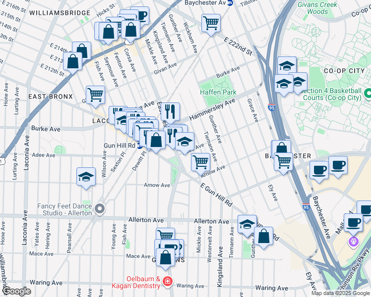 map of restaurants, bars, coffee shops, grocery stores, and more near 3023 Mickle Avenue in Bronx
