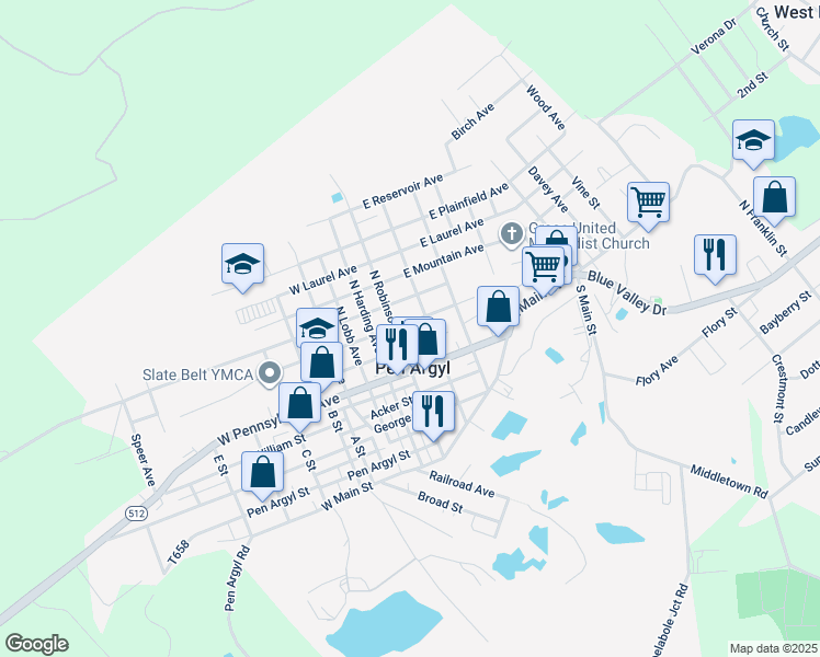 map of restaurants, bars, coffee shops, grocery stores, and more near 10 East Babbitt Avenue in Pen Argyl
