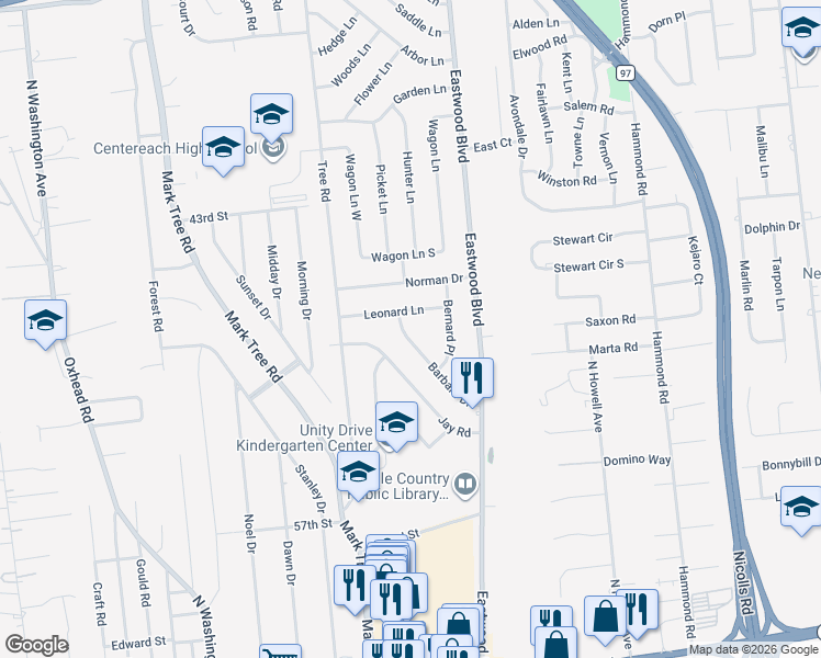 map of restaurants, bars, coffee shops, grocery stores, and more near 8 Leonard Lane in Centereach