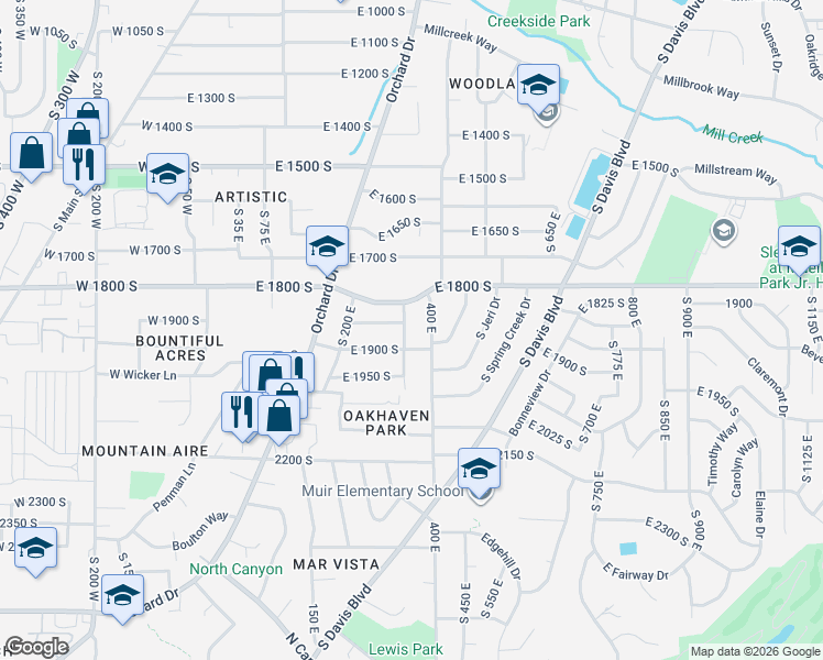 map of restaurants, bars, coffee shops, grocery stores, and more near 1826 400 East in Bountiful