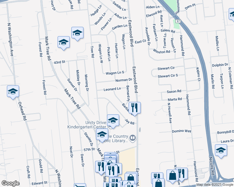 map of restaurants, bars, coffee shops, grocery stores, and more near 8 Leonard Lane in Centereach
