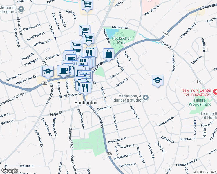 map of restaurants, bars, coffee shops, grocery stores, and more near 68 Nassau Road in Huntington