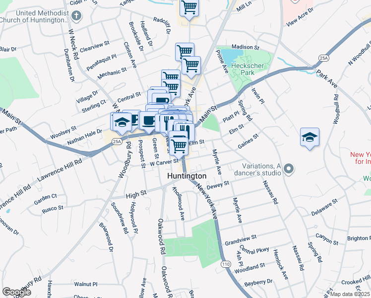 map of restaurants, bars, coffee shops, grocery stores, and more near 281 Main Street in Huntington