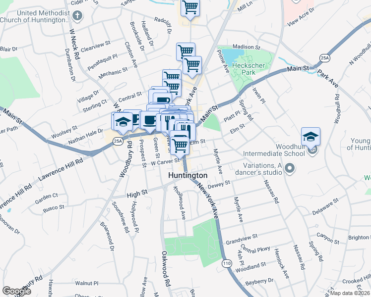map of restaurants, bars, coffee shops, grocery stores, and more near 281 Main Street in Huntington