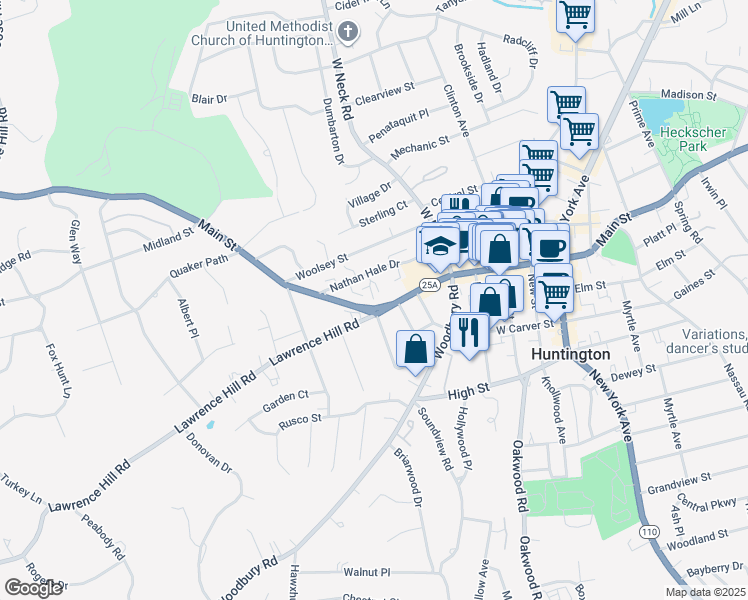 map of restaurants, bars, coffee shops, grocery stores, and more near 34 Nathan Hale Drive in Huntington