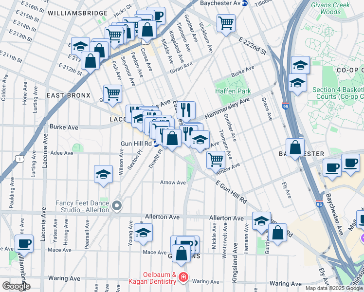map of restaurants, bars, coffee shops, grocery stores, and more near 3047 Eastchester Road in Bronx