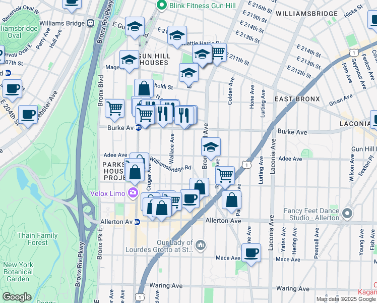 map of restaurants, bars, coffee shops, grocery stores, and more near 3018 Barnes Avenue in Bronx