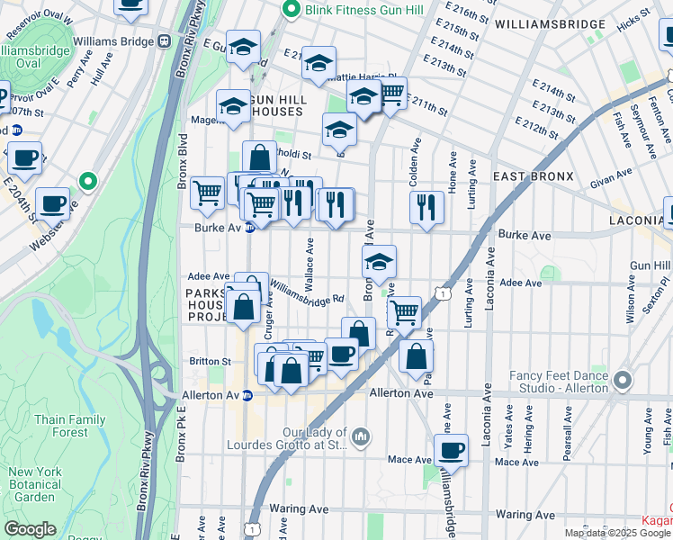 map of restaurants, bars, coffee shops, grocery stores, and more near 3018 Barnes Avenue in Bronx